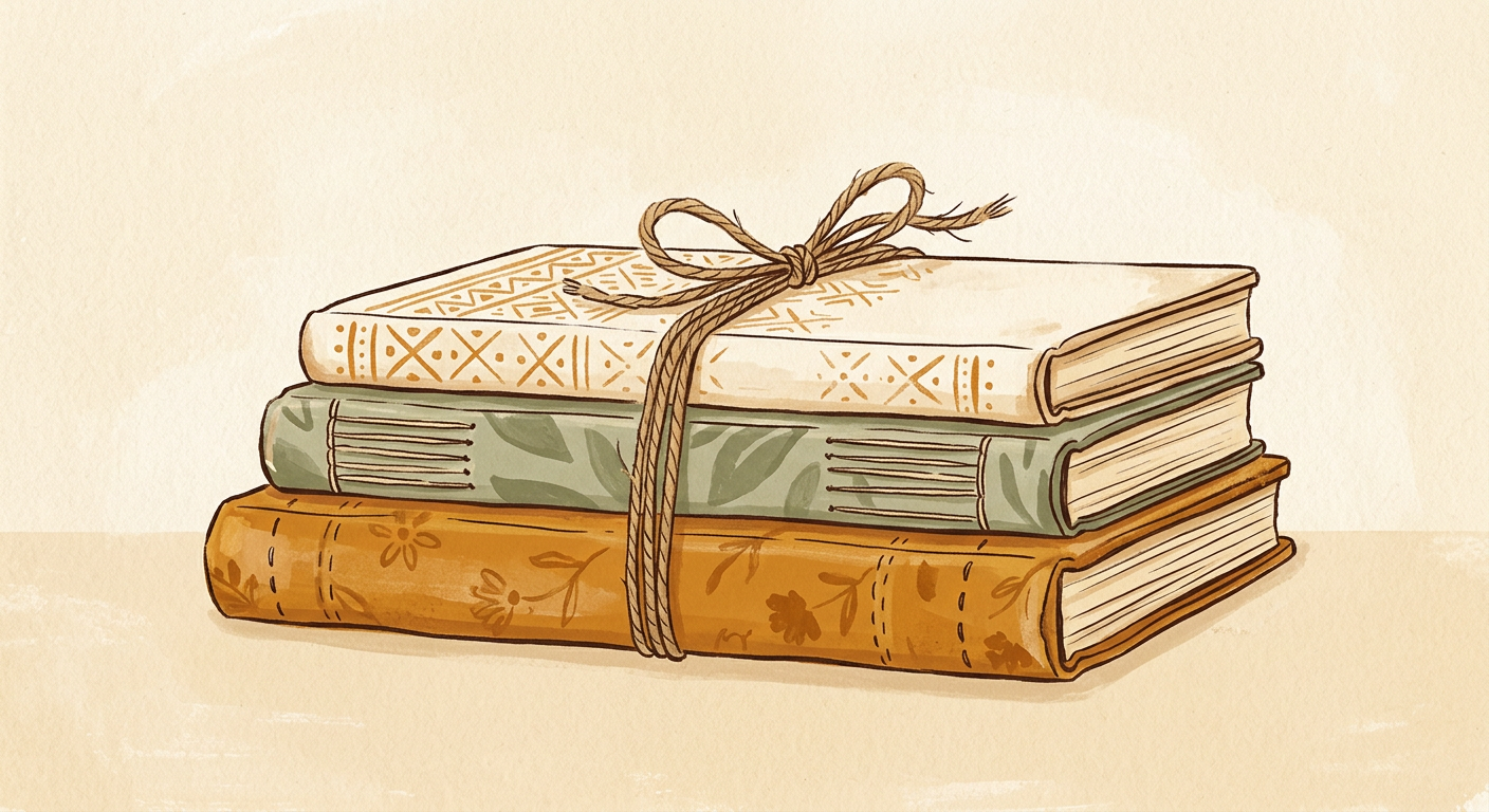 Illustration d'une pile de carnets reliés, rangés comme les Gazettes des mois passés.