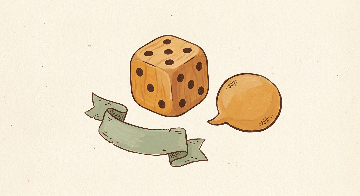 Illustration d'un dé et d'une bulle de discussion, pour la question du jour.